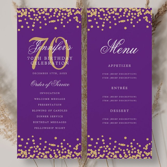70. Geburtstagsprogramm Gold Lila Confetti Menü Einladung (70th Birthday Program Gold Purple Confetti Menu)