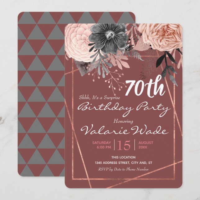 70. Geburtstagsüberraschung Party Pink Roses Einladung (Vorne/Hinten)