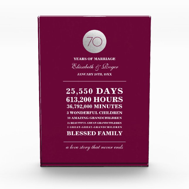 70. Hochzeit Geburtstag Custom Gift Plaque Fotoblock (Vorderseite)