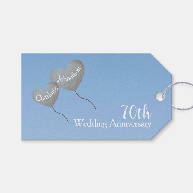 70. Hochzeitstag Platin Herzballons Geschenkanhänger (Vorderseite (Horizontal))