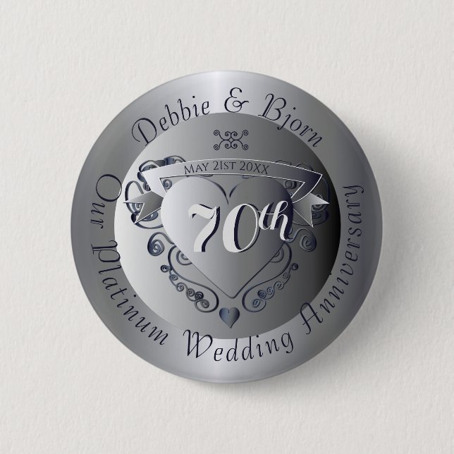 70. Hochzeitstag Platinum Herz Button (Vorderseite)
