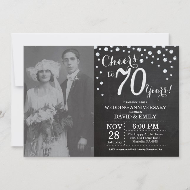 70. Hochzeitstag Schwarzes Silber Chalkboard Einladung (Vorderseite)