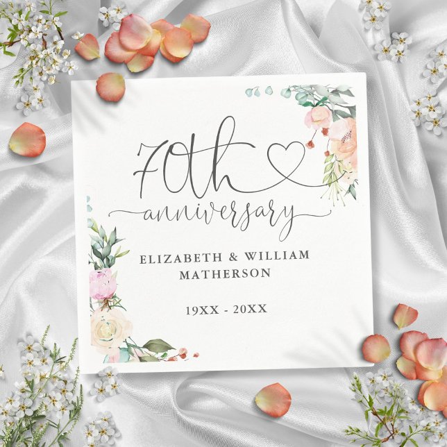 70 Jahre Gold Heart Rose Blumenkohl Serviette (70th Anniversary Gold Heart Roses Floral Napkins)