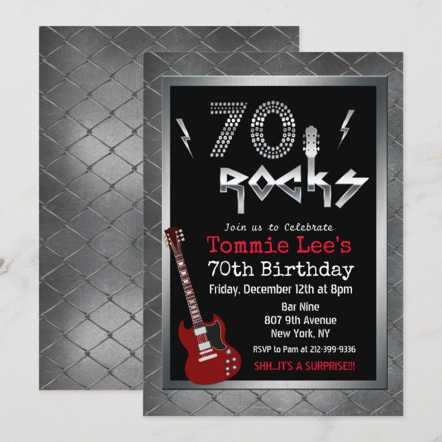 70 Rocks Rockstar Gitarre 70. Geburtstag Einladung (Vorne/Hinten)