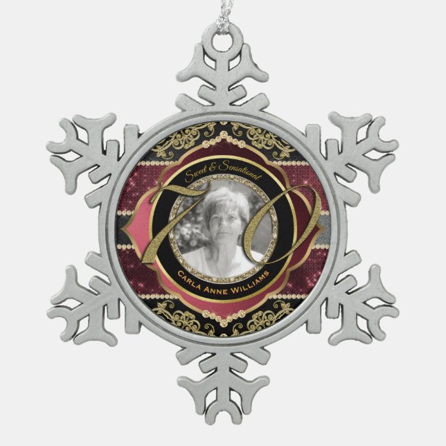 70. Seventieth Gold Ruby Diamonds Foto Frame Schneeflocken Zinn-Ornament (Vorderseite)