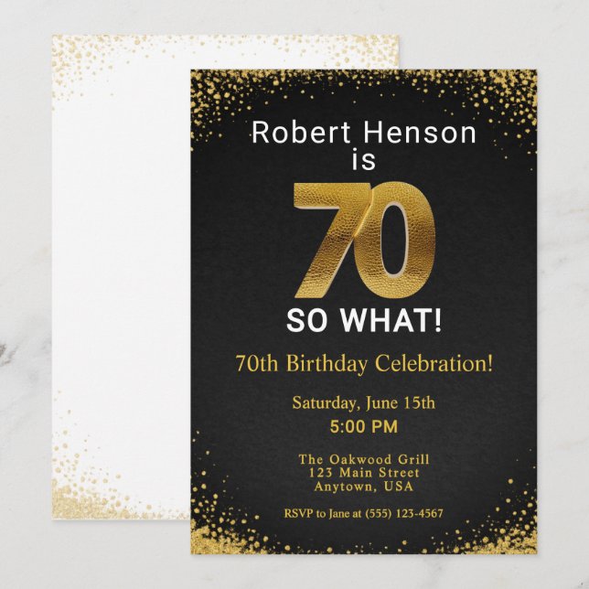 70 So What! Black Gold 70th Birthday Einladung (Vorne/Hinten)