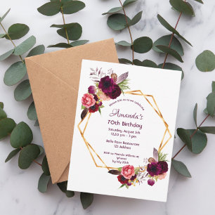 70 th birthday burgundy floral gold Einladung Postkarte