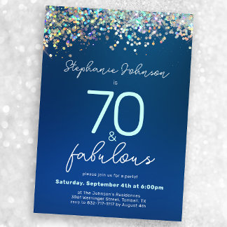 70 und Fabulous Blue Glitzer 70. Geburtstagsparty Einladung