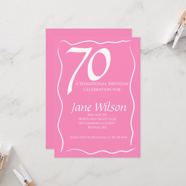 70 und sensationell pinker Geburtstag Einladung (Vorderseite/Rückseite Beispiel)