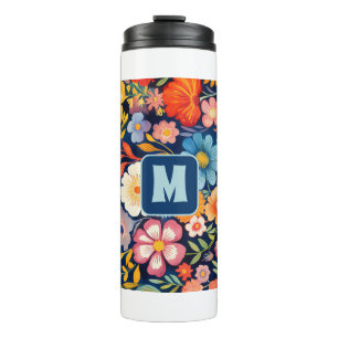 70er 60er Retro-Blumenmonogramm Blau und Orange  Thermosbecher