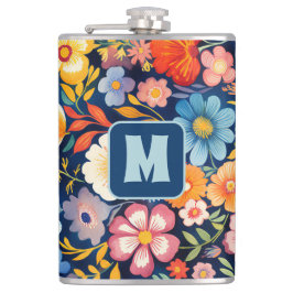 70er 60er Retro Floral Monogram Blue und Orange Flachmann