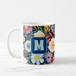 70er 60er Retro Floral Monogram Blue und Orange Kaffeetasse