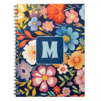 70er 60er Retro Floral Monogram Blue und Orange