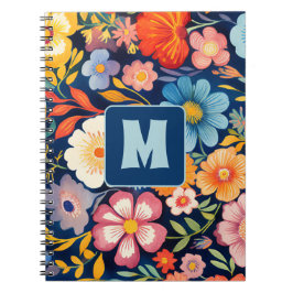 70er 60er Retro Floral Monogram Blue und Orange Notizblock