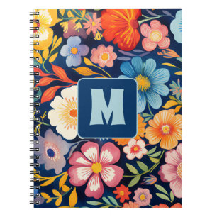 70er 60er Retro Floral Monogram Blue und Orange Notizblock