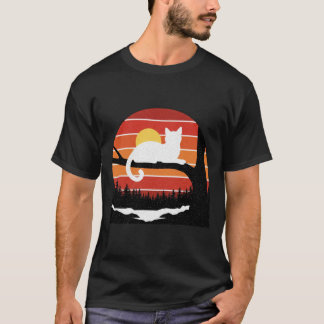 70er 80er Stil Katze auf Ast Sonnenuntergang Kunst T-Shirt