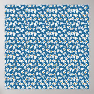 70er Blumendruck in Blau, Vintage Blüte, Blume Poster