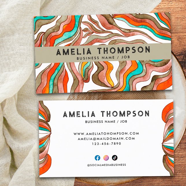 70er Boho Groovy Retro Orange Abstrakt Wavy Lines Visitenkarte (Front and Back)