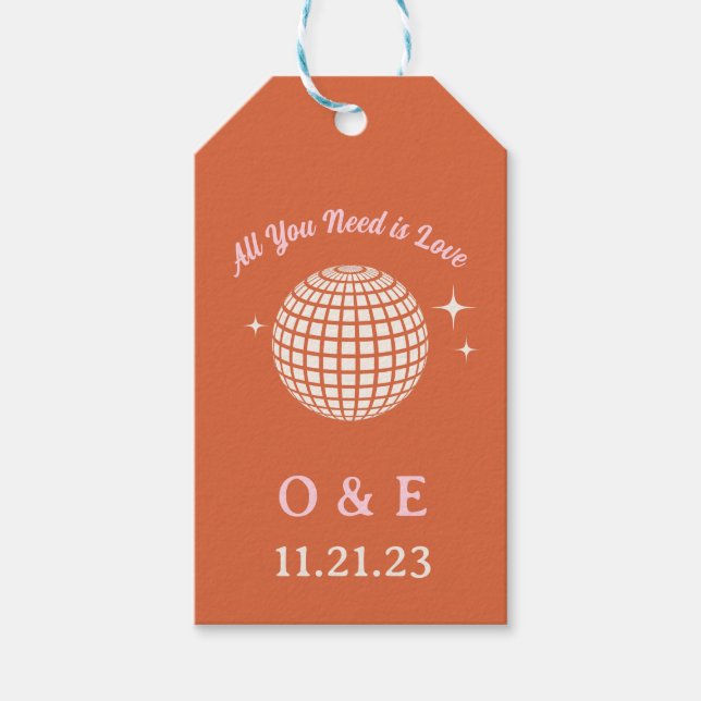 70er Disco Ball Glitzern Retro Hochzeitsinitialen Geschenkanhänger (Vorderseite)