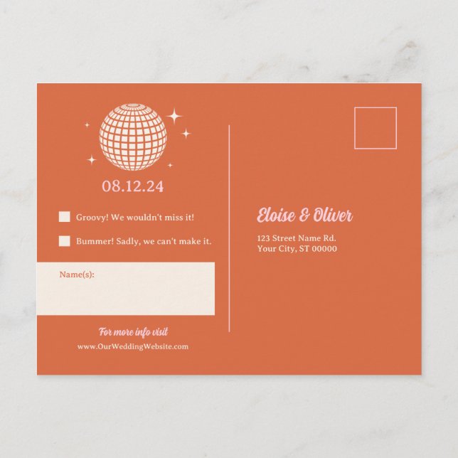 70er Disco Glitzern Colorful Modern Retro Hochzeit Postkarte (Rückseite)