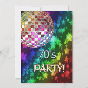 70er Einladung mit Diskoball und Regenbogen