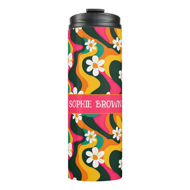 70er Floral Retro Muster mit Name farbenfroh Thermosbecher (Vorderseite)