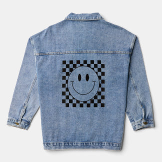 70er Gelbes Lächelgesicht Niedlich Schachbrett Läc Jeansjacke