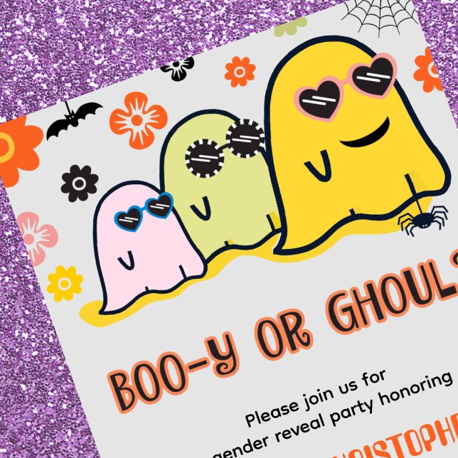 70er Ghost Halloween Gender-Enthüllung in Booy ode Einladung (Booy-or-Ghoul-70s-Ghost-Halloween-Gender-reveal-Invitation-1)