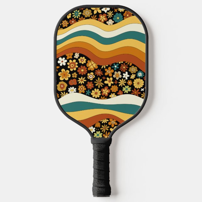 70er Inspiriert Retro Floral Groovy Streifen Muste Pickleball Schläger (Vorderseite)