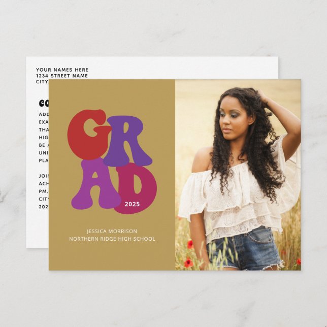 70er Inspiriert Retro Graduate Foto Abschluss Postkarte (Vorne/Hinten)
