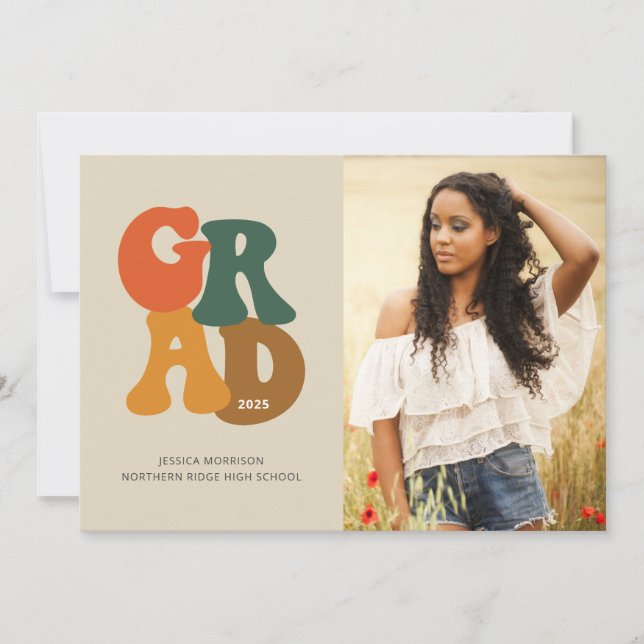 70er Inspiriert Typografy Foto Graduation Party Einladung (Vorderseite)