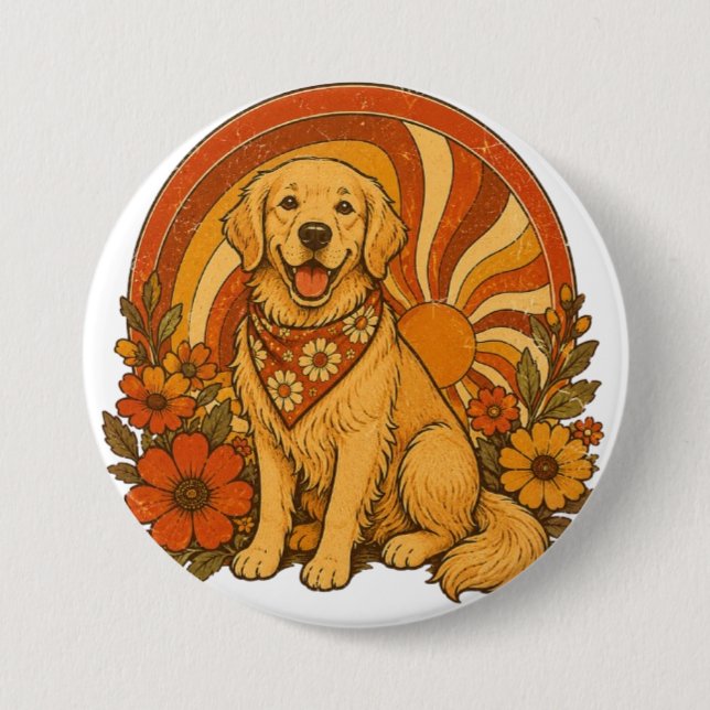 70er Jahre Groovy Golden Retriever Button (Vorderseite)