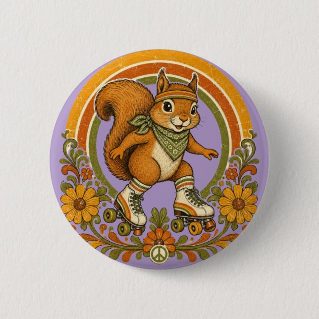 70er Jahre Groovy Rollschuh fahrendes Eichhörnchen Button (Vorderseite)