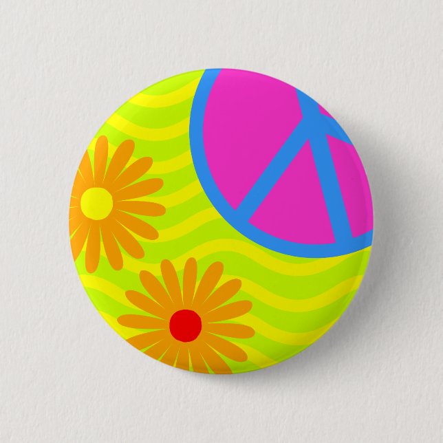 70er Jahre Hippie-Friedenszeichen und Blume Button (Vorderseite)