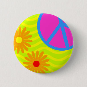 70er Jahre Hippie-Friedenszeichen und Blume Button