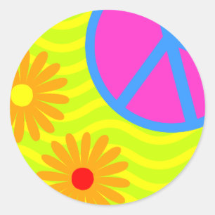 70er Jahre Hippie-Friedenszeichen und Blume Runder Aufkleber