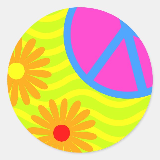 70er Jahre Hippie-Friedenszeichen und Blume Runder Aufkleber (Vorderseite)