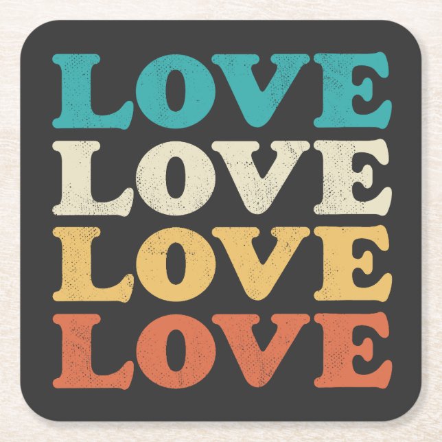 70er Liebe Retro Distressed Repeat Type Rechteckiger Pappuntersetzer (Vorderseite)