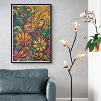 70er Psychedelic Blume AI Art | Farbenfrohe Retro Poster