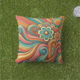 70er Psychedelic Floral Design - Retro Groovy Art Kissen