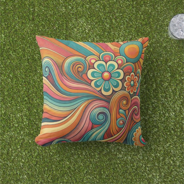 70er Psychedelic Floral Design - Retro Groovy Art Kissen (Golfball-Marker)