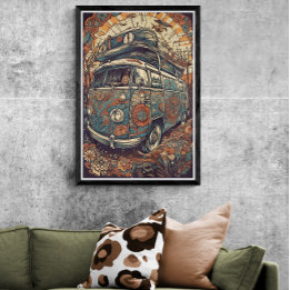 70er Psychedelic-Hippie-Van Retro-AI-Kunst Poster