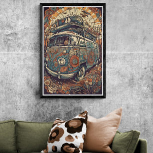 70er Psychedelic-Hippie-Van Retro-AI-Kunst Poster