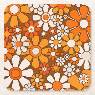 70er Retro Blumenmuster mit Blume aus den 70er Jah Rechteckiger Pappuntersetzer