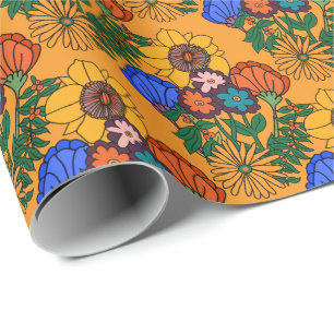 70er Retro Floral Gelber Kissen Geschenkpapier