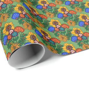 70er Retro Floral Green - Retro Mitte des Jahrhund Geschenkpapier