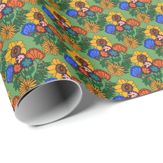 70er Retro Floral Green - Retro Mitte des Jahrhund Geschenkpapier (Rolleneckpunkt)