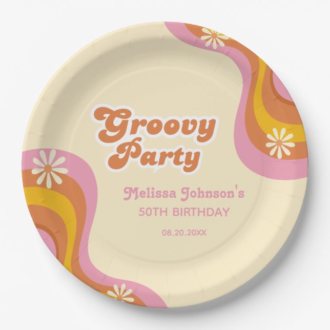 70er Retro Groovy Party Daisies Peach Birthday Pappteller (Vorderseite)