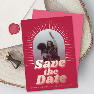 70er Retro-Groovy Viva Magenta Foto Save-the-Date Folieneinladung