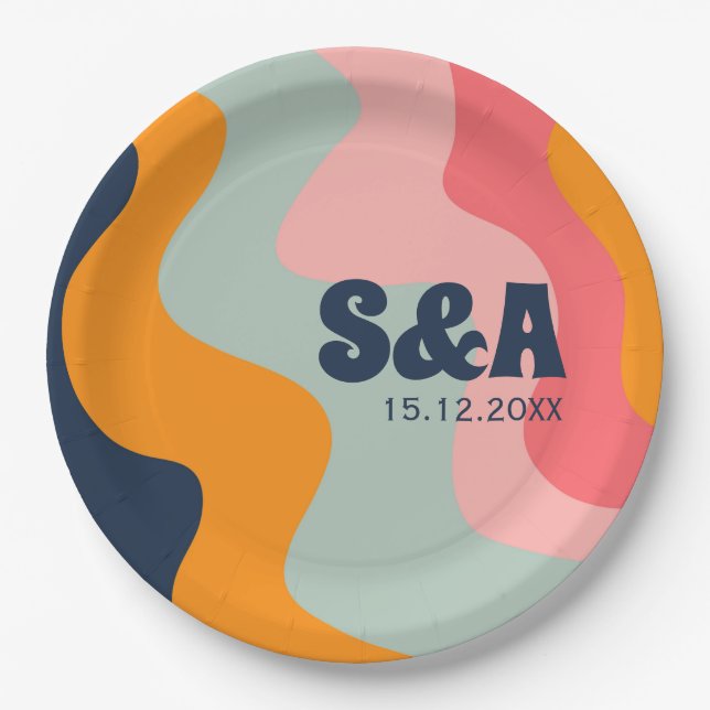 70er Retro Groovy Wavy Pastel Pink Blue Wedding Pappteller (Vorderseite)